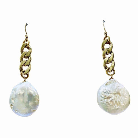 Fresh Water Pearl Flat Round Disc Gold Earrings - Irit Sorokin Designs Jewelry