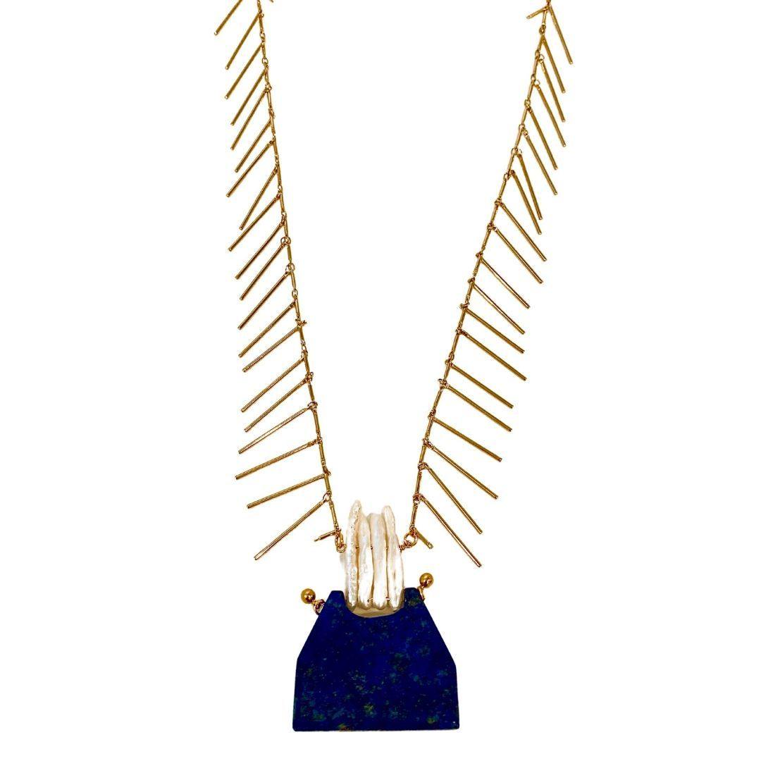 Lapis Lazuli Antique Pendant Long Gold Necklace - Irit Sorokin Designs Jewelry
