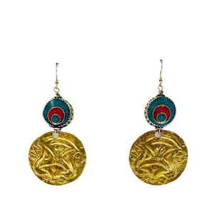 Nepalese Vintage Inlaid Coral and Turquise Earrings - Irit Sorokin Designs Jewelry