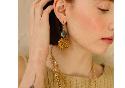 Nepalese Vintage Inlaid Coral and Turquise Earrings - Irit Sorokin Designs Jewelry