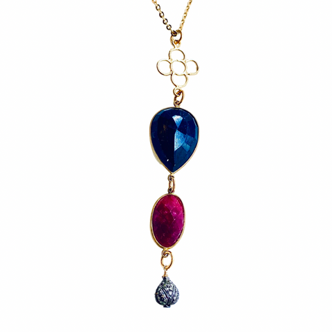 Ruby And Sapphire With A Diamond Pave Pendant Long Gold Necklace - Irit Sorokin Designs Jewelry