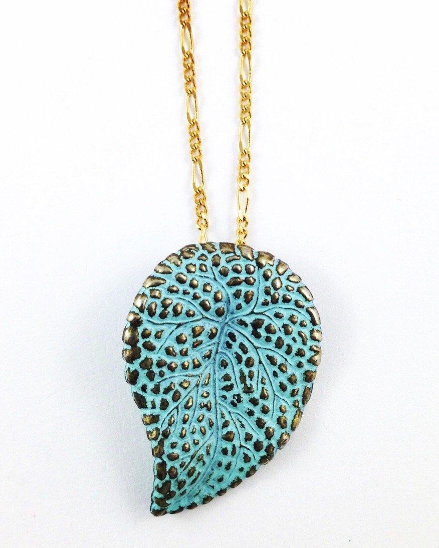 Vintage Cast Leaf Long Gold Necklace - Irit Sorokin Designs Jewelry